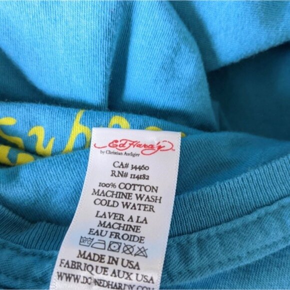 Vintage Ed Hardy Crystal Skull Long Sleeve Tee M Blue Red Roses Y2K Tattoo Style - Picture 6 of 7